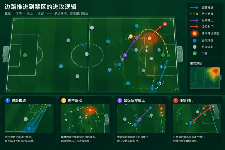 足球战术分析板展示边路传中与后排插上线路